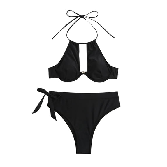 Women Solid Color High Waist Swimsuit With Underwire And Pads Hollow Sexy Bikini Set Pool Swim Wear