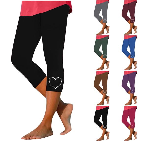 Swuxness Women High Waisted Slim Leggings Cropped Pants with Rhinestone at Hem Stretchy