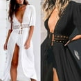 thumbnail image 1 of Women Solid Color Hollow Smock Long Bikini Cover Up Lacing Cardigan Beachwear, 1 of 7