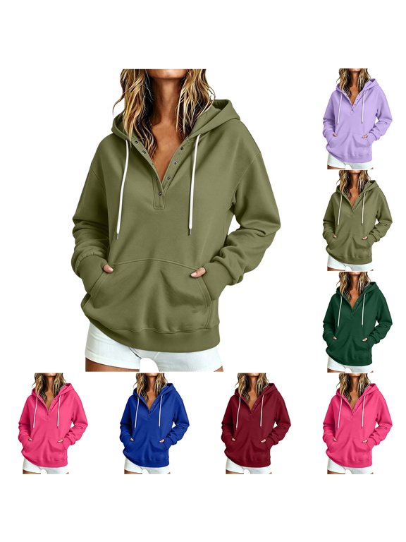 Women Solid‑Color Hooded Casual Jacket, Quarter‑Button Placket Long Integrated Mitten‑Style Sleeves Warm Outerwear for Winter Daily Lounging Street Casual Outfits Army Green XL