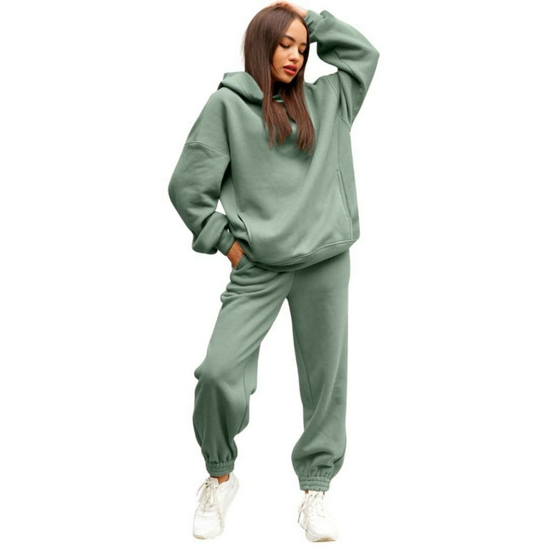Women Solid Color Hooded Sweatshirt And Pant Tracksuit Sport Suit 