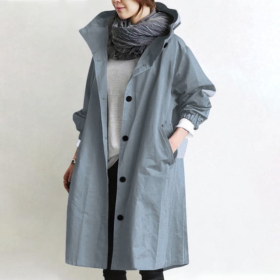Women Solid Color Hooded Trench Coat Mid Length Single Breasted Long Sleeve Outerwear Loose Casual Windbreaker Fashion Lightweight Overcoat Blue 2XL