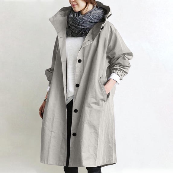 Women Solid Color Hooded Trench Coat Mid Length Single Breasted Long Sleeve Outerwear Loose Casual Windbreaker Fashion Lightweight Overcoat Gray XL