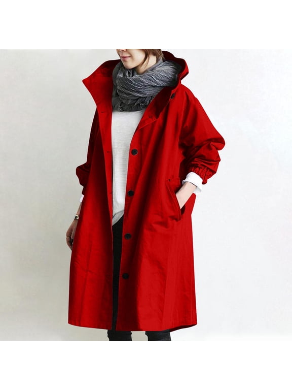 Women Solid Color Hooded Trench Coat Mid Length Single Breasted Long Sleeve Outerwear Loose Casual Windbreaker Fashion Lightweight Overcoat Red M