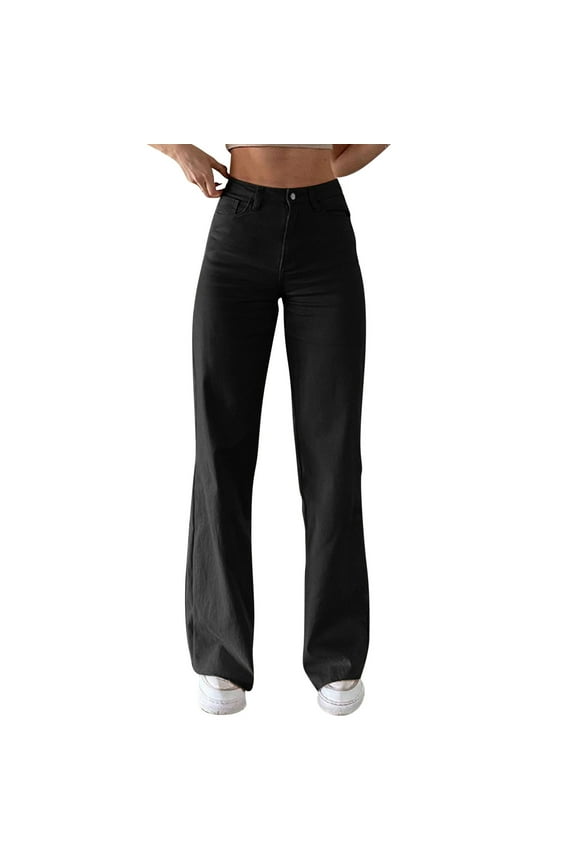 Riforla Women Solid Color Jeans Sagging Loose Slim Waist Straight Pants Casual Denim Trousers Winter Pants for Women Black L