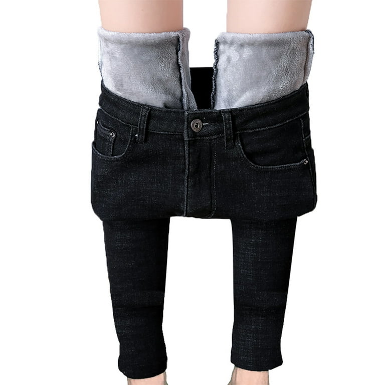 Women Solid Color Jeans Winter Adults High Waisted Fleece Lined Jeggings with Pockets Black Dark Blue Light Blue