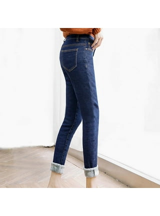 Women Solid Color Jeans, Winter Adults High Waisted Fleece Lined