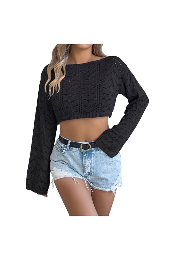 Women Solid Color Knitted Hollow Out Long Sleeve Round Neck Pullover Top Spring 2025
