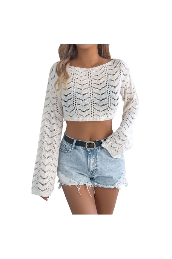 Women Solid Color Knitted Hollow Out Long Sleeve Round Neck Pullover Top Spring 2025