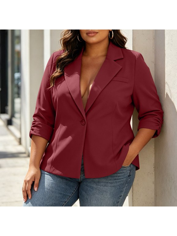Women Plus Size Lapel Button Blazer Three Quarter Sleeve Pleated Ruffle Detail Solid Color Casual Office Fashion Suit Jacket XL