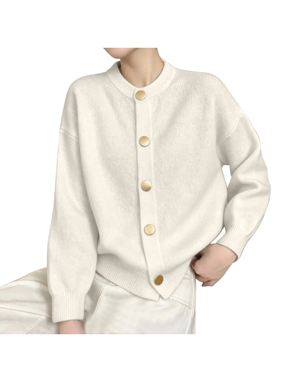 Women Solid Color Lightweight Open Front Knitted Cardigan, Long Sleeve Crew Neck Button Sweater Coat for Fall Winter Casual Office Everyday Layering, Soft Knit Jacket White