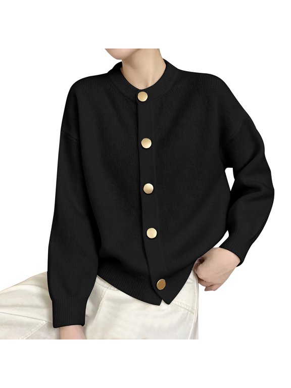 Women Solid Color Lightweight Open Front Knitted Cardigan, Long Sleeve Crew Neck Button Sweater Coat for Fall Winter Casual Office Everyday Layering, Soft Knit Jacket Black