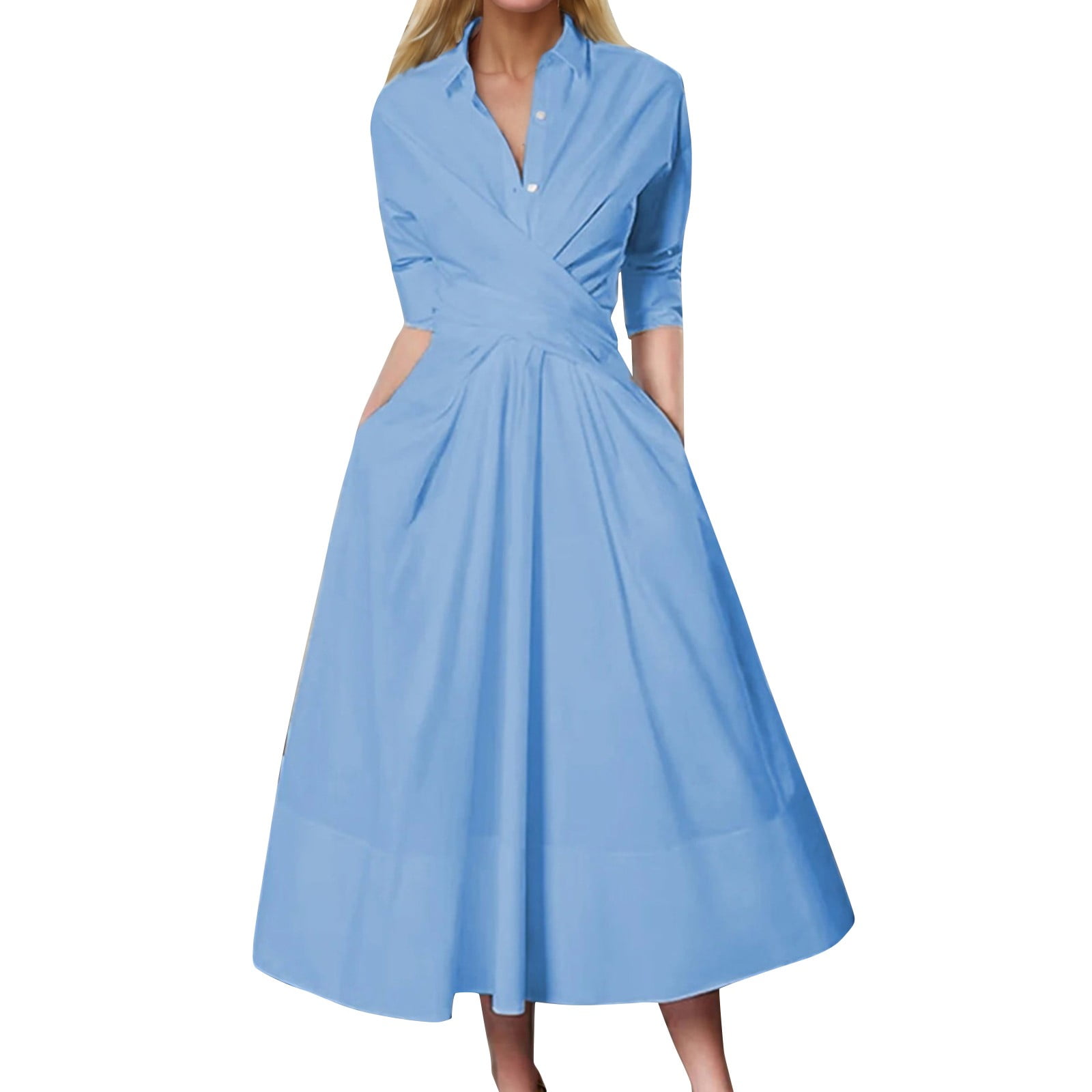 Women Solid Color Long Mid Dress Sleeve Collared Belted Pleated Womens Stretch Dresses Pocket Work Cocktail Party Cotton Dresses for Women Casual