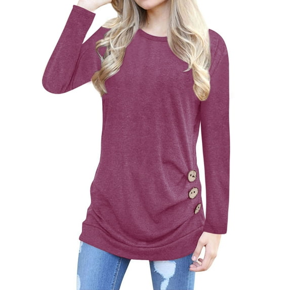 Women Solid Color Long Sleeve Button Decor Tops