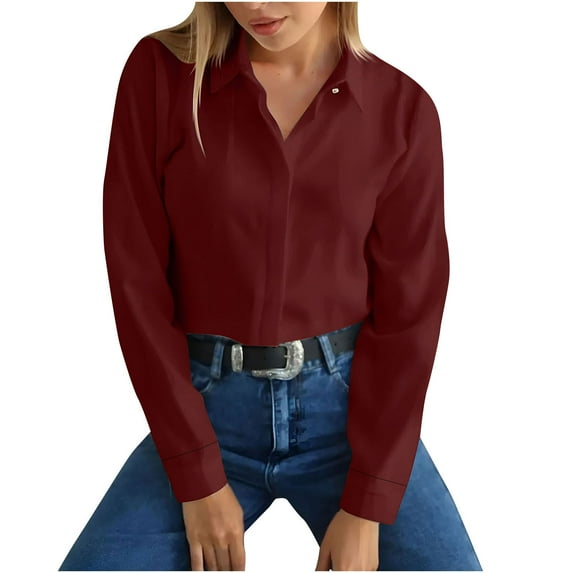 Women Solid Color Long Sleeve Lapel Shirt Hidden Buttons Blouse Formal Casual Office Wear Button Down Top Womens Clothing