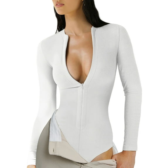 Women Solid Color Long Sleeve Ribbed Jumpsuit Casual Zip Up Front Workout Bodycon Short Jumpsuit White XL