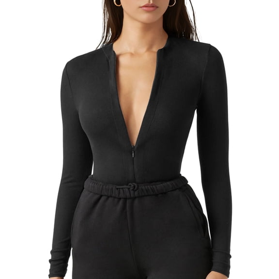 Women Solid Color Long Sleeve Ribbed Jumpsuit Casual Zip Up Front Workout Bodycon Short Jumpsuit