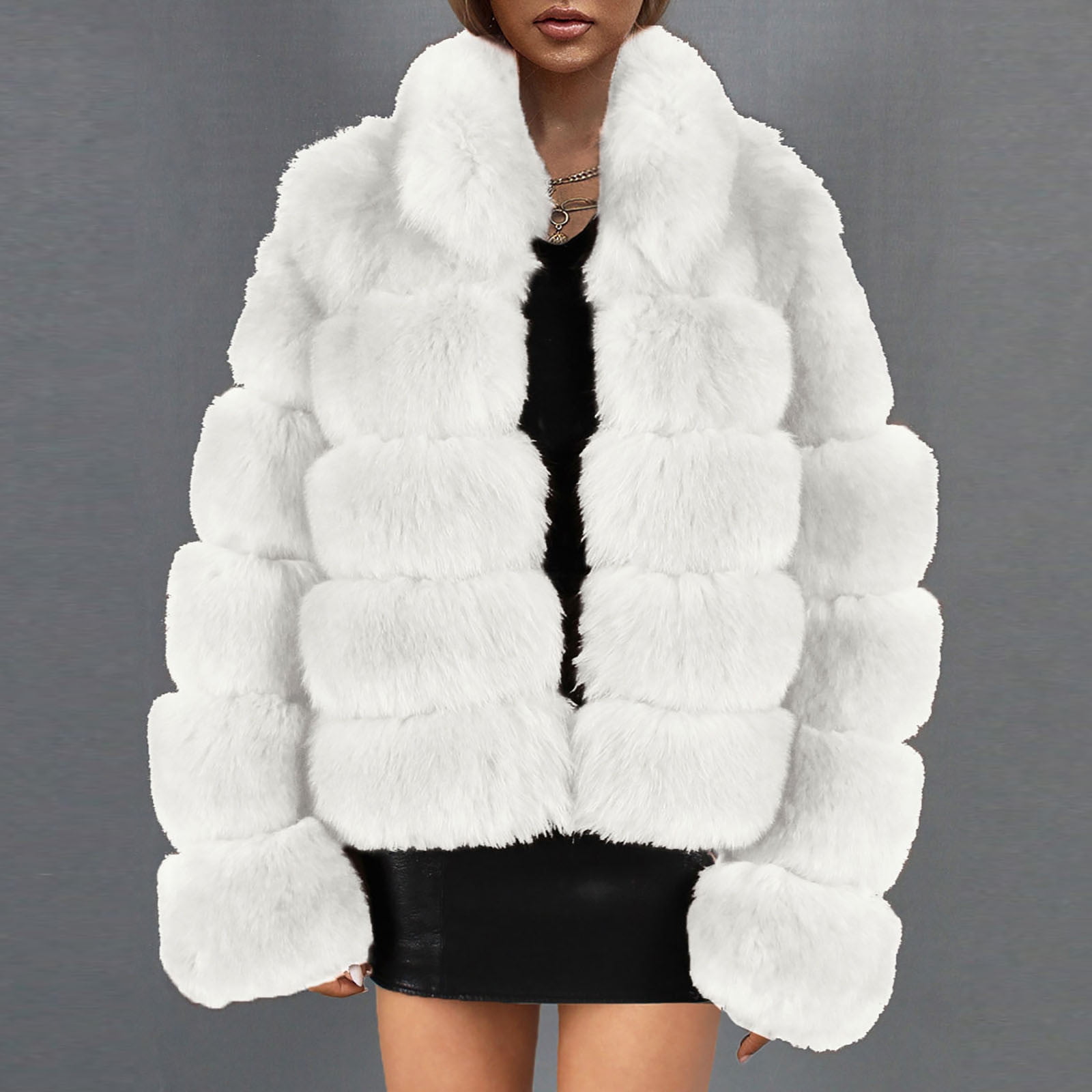 Women Solid Color Long Sleeve Shaggy Lapel Faux Wool Coat Short
