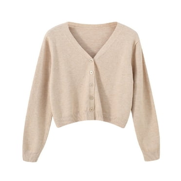 Women Solid Color Long Sleeve V Neck Cardigan Sweater Buttons Short Knitwear