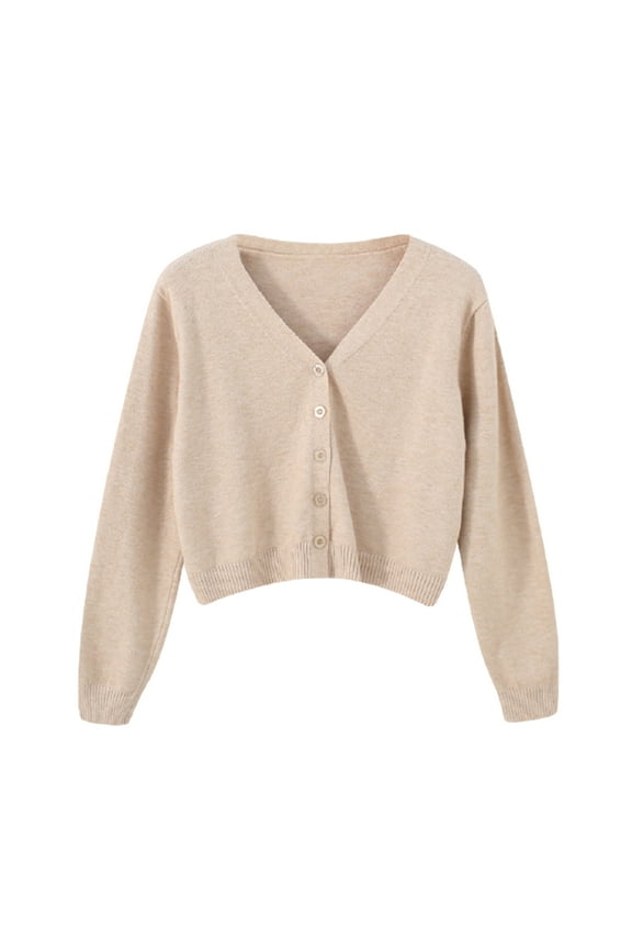 Women Solid Color Long Sleeve V Neck Cardigan Sweater Buttons Short Knitwear