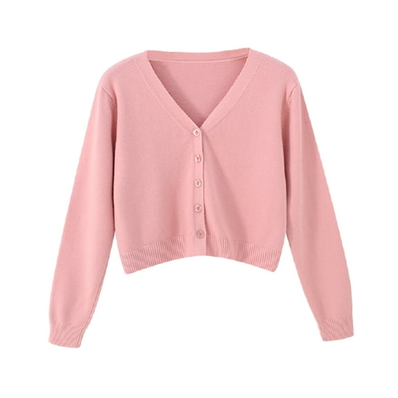 Women Solid Color Long Sleeve V Neck Cardigan Sweater Buttons Short Knitwear