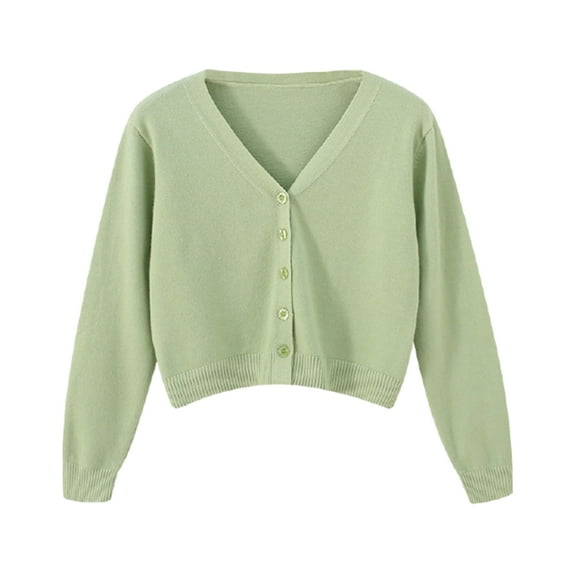 Women Solid Color Long Sleeve V Neck Cardigan Sweater Buttons Short Knitwear