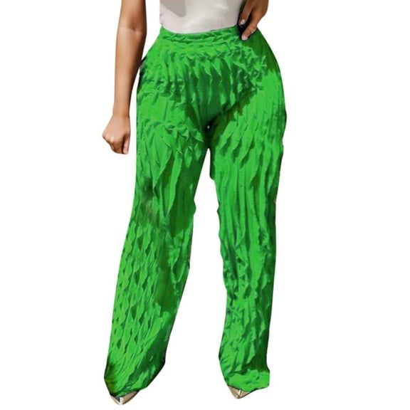 Women Solid Color Mesh Wavy Pattern Wide Leg Ruffled Elastic High Waist Fashionable And Comfortable Trousers Pants