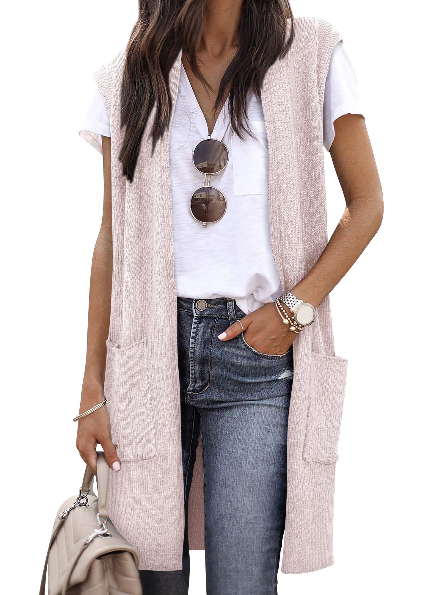 ZXSXSY Women Solid Color Open Front Sleeveless Knit Sweater