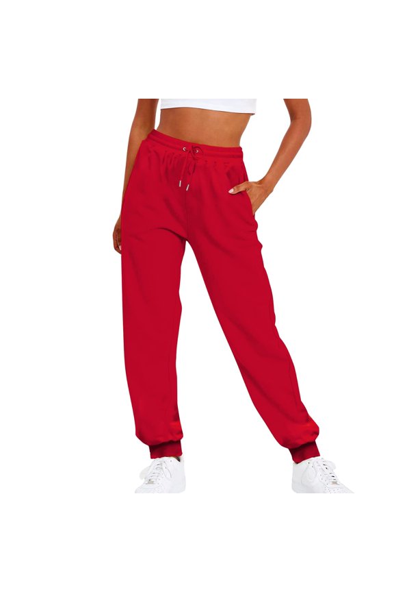 Women Solid Color Pants Adjustable Drawstring Joggers Sweatpants Basic Plus Size Trousers (3X-Large, Red)