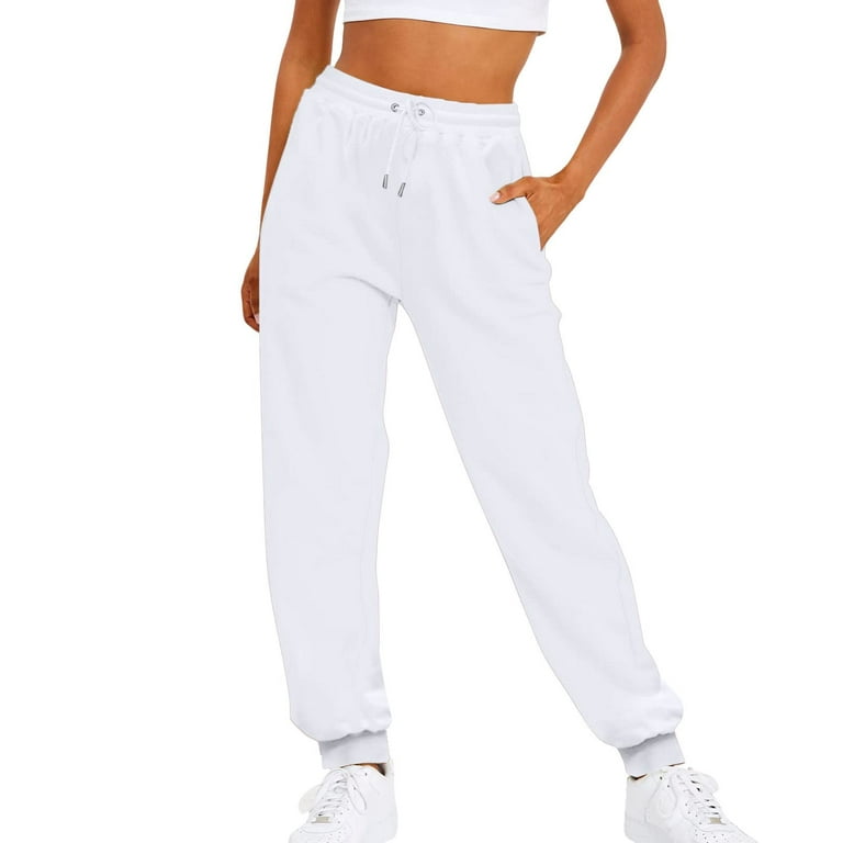 Women Solid Color Pants Adjustable Drawstring Joggers Sweatpants Basic Plus  Size Trousers (3X-Large, White) 