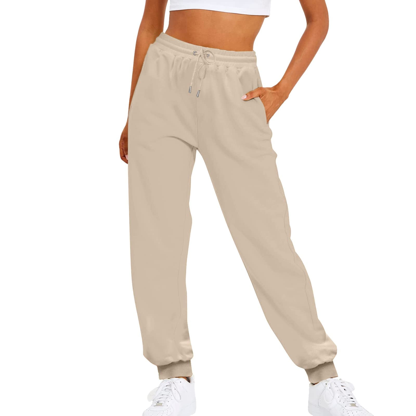 Women Solid Color Pants Adjustable Drawstring Joggers Sweatpants Basic Plus Size Trousers 4X Large Khaki