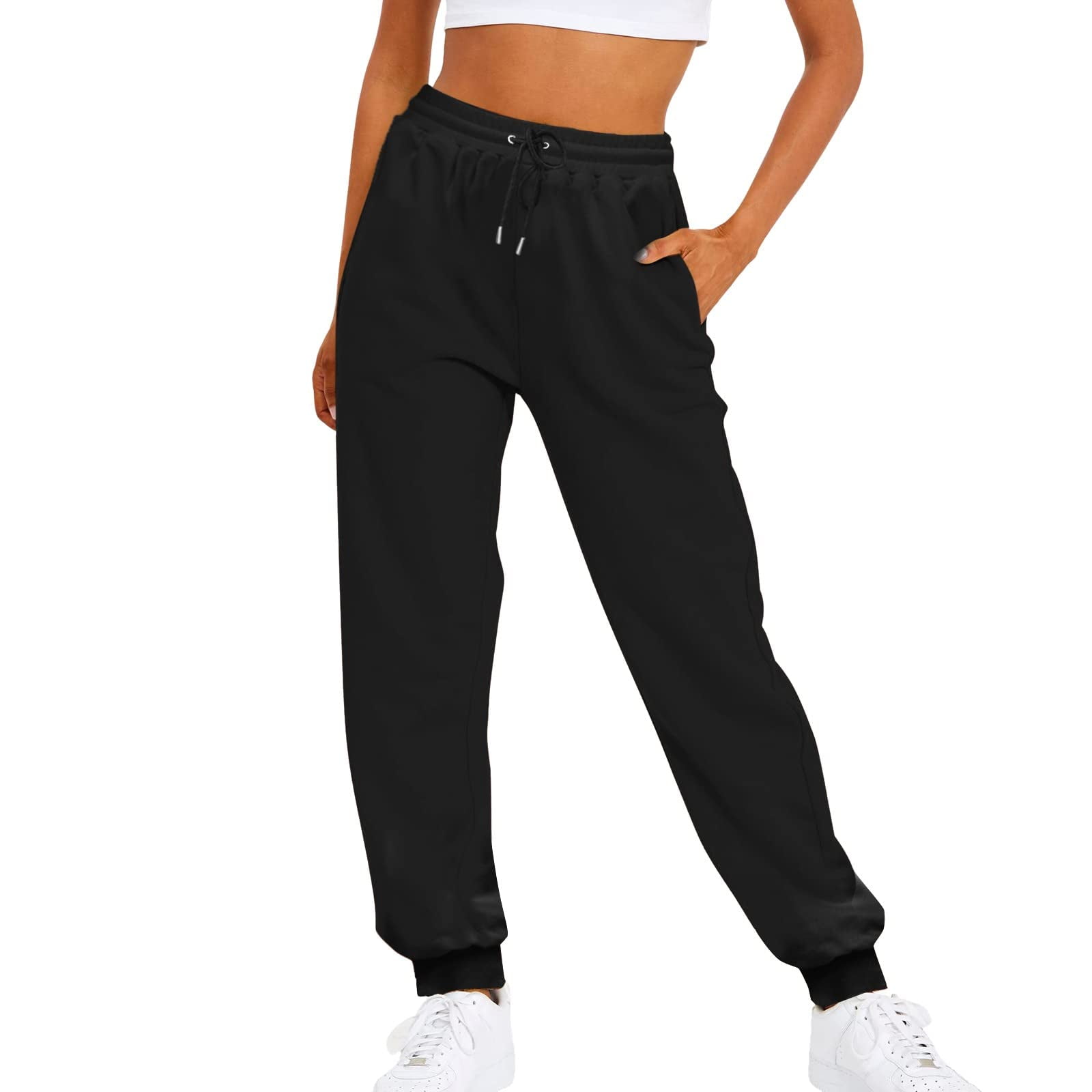 Women Solid Color Pants Adjustable Drawstring Joggers Sweatpants Basic Plus Size Trousers 5X Large Black