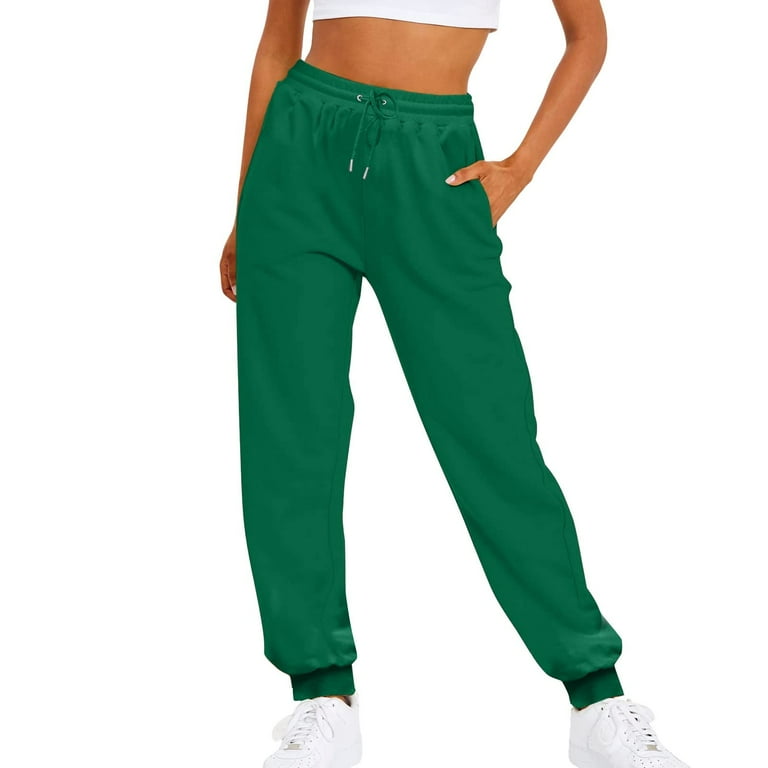 Women Solid Color Pants Adjustable Drawstring Joggers Sweatpants Basic Plus Size Trousers 5X Large Green