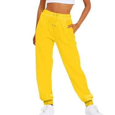 Women Solid Color Pants Adjustable Drawstring Joggers Sweatpants Basic Plus Size Trousers (5X-Large, Yellow)