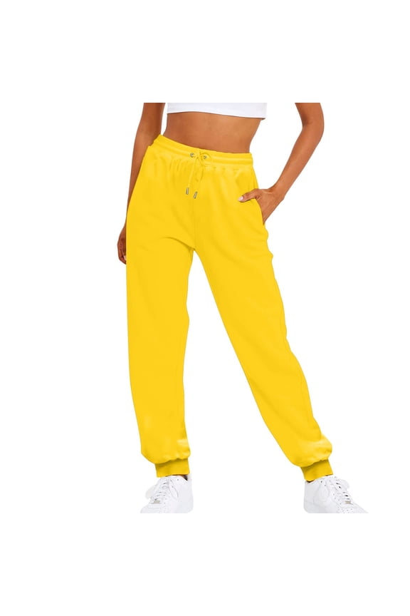 Women Solid Color Pants Adjustable Drawstring Joggers Sweatpants Basic Plus Size Trousers (Medium, Yellow)