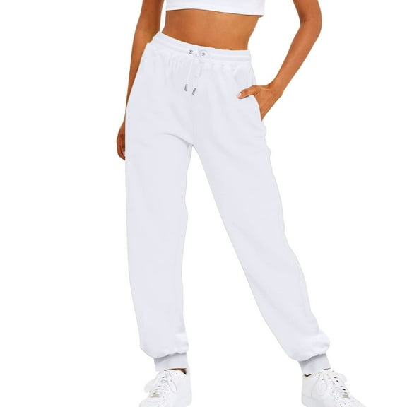 Women Solid Color Pants Adjustable Drawstring Joggers Sweatpants Basic Plus Size Trousers (XX-Large, White)