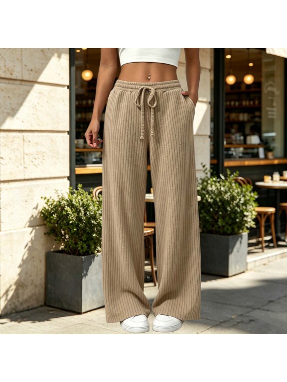 Women Solid Color Pants Baeitkot Women Solid Color Winter Fashion Elastic Waistband Elastic Waistband Long Length Warm Pit Stripe Brushed Pants Khaki L