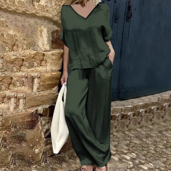 Women Solid Color Pockets Set 2024 V Neck Short Sleeved Wide Leg Pant Suits Fashion Casual 2pcs Long Pant Outfits Suit Trousers for Women Formal Pants Suits for Women Evening Weddings Suits Women