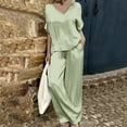 thumbnail image 1 of Women Solid Color Pockets Set 2024 V Neck Short Sleeved Wide Leg Pant Suits Fashion Casual 2pcs Long Pant Outfits Suit Trousers for Women Formal Pants Suits for Women Evening Weddings Suits Women, 1 of 7