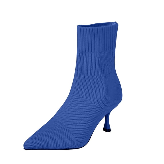 Women Solid Color Pointed Toe Knit Sock Ankle Boots Stiletto Thin High Heel Stretch Slip on Fall Winter Dress Short Booties Blue 9.5(43)