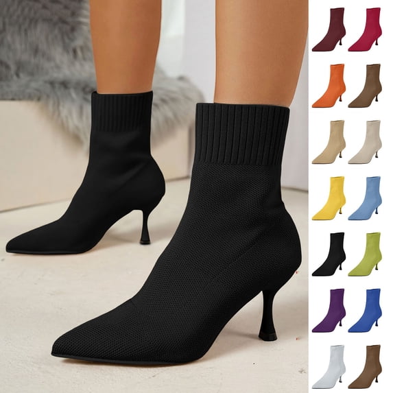 Women Solid Color Pointed Toe Knit Sock Ankle Boots Stiletto Thin High Heel Stretch Slip on Fall Winter Dress Short Booties Yellow 9.5(43)