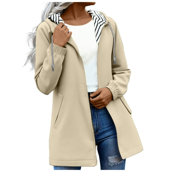 Women Solid Color Rain Jackets Zip Button Outdoor Waterproof Hooded Coats Windproof Loose Outerwear with Pocket Beige XXXXL