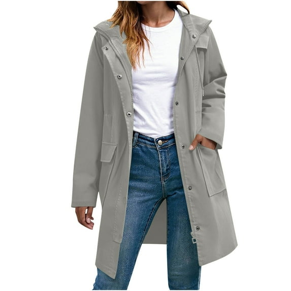 Women Solid Color Rain Jackets Zip Button Outdoor Waterproof Hooded Coats Windproof Loose Outerwear with Pocket Gray L