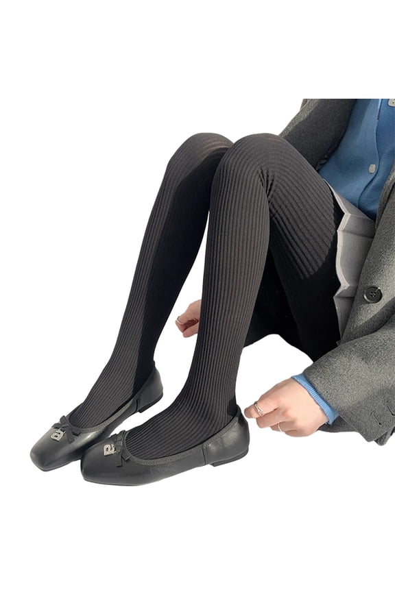 Women Solid Color Ribbed Cotton Pantyhose Stockings Winter Autumn Thicken Vertical Striped Knit Sweater Tights Leggings