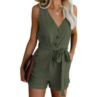 Women Solid Color Rompers Deep V-Neck Sleeveless Summer Short Jumpsuits