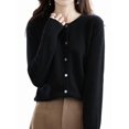 thumbnail image 1 of Women Solid Color Round Neck Long Sleeve Sweater Spring and Autumn All-Match Knitted Cardigan Jacket Black XXL, 1 of 7