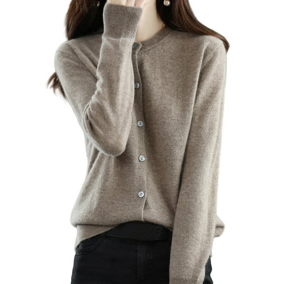 Women Solid Color Round Neck Long Sleeve Sweater Spring and Autumn All-Match Knitted Cardigan Jacket Camel M