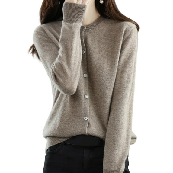 Women Solid Color Round Neck Long Sleeve Sweater Spring and Autumn All-Match Knitted Cardigan Jacket Camel M