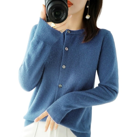 Women Solid Color Round Neck Long Sleeve Sweater Spring and Autumn All-Match Knitted Cardigan Jacket Haze Blue XL
