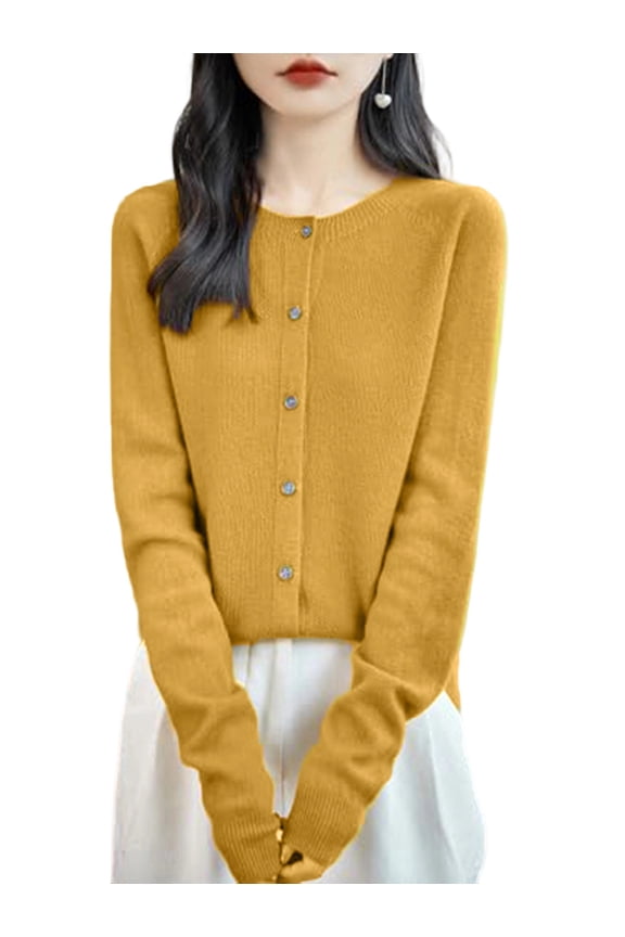 Women Solid Color Round Neck Long Sleeve Sweater Spring and Autumn All-Match Knitted Cardigan Jacket Mustard Yellow M